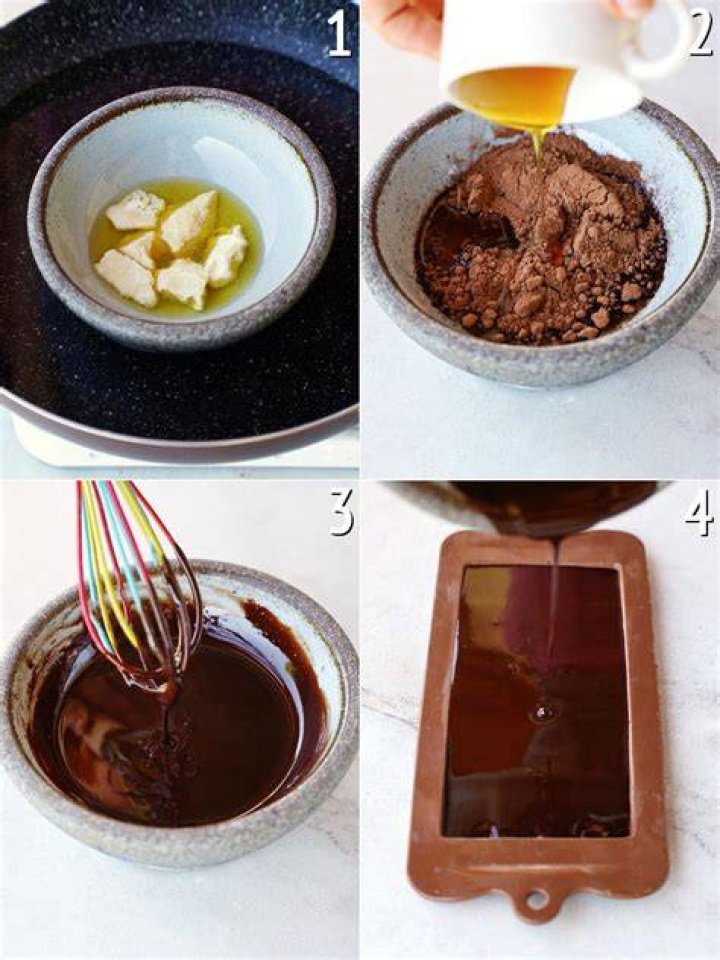 Collage how to make chocolate pecan pie. Brown sugar, butter, syrup in a saucepan with eggs. Filling in crust with chocolate chips and pecans.