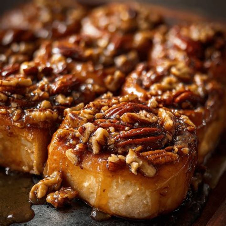 Sticky buns topped with pecans on a white plate.